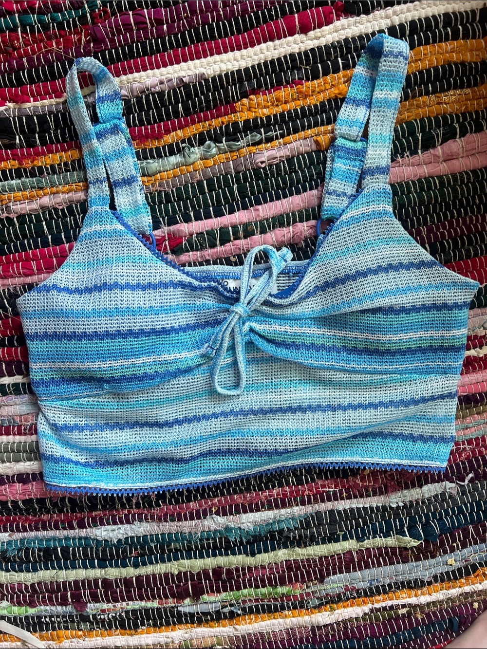 No Boundaries Blue Striped Tie-Front Knit Crop Top